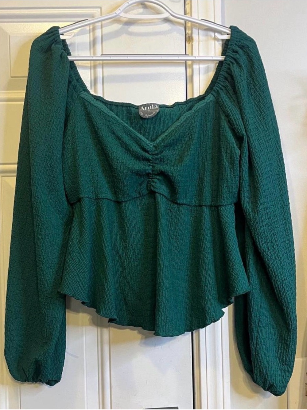 Arula emerald green crinkle textured milkmaid peplum top XL